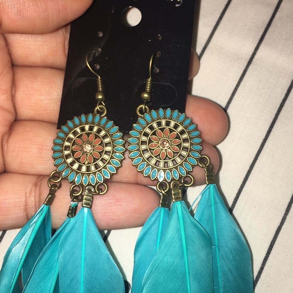 ✨💎 Bohemian Chic Turquoise Feather Dangle Earrings | Festival Statement Jewelry🩵 - Picture 6 of 16
